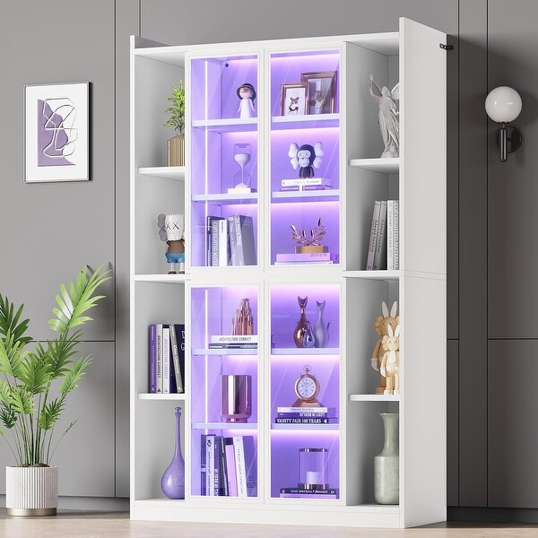 Display Cabinet Glass Doors 6 Tier Tall Bookcase LED Lights Curio
