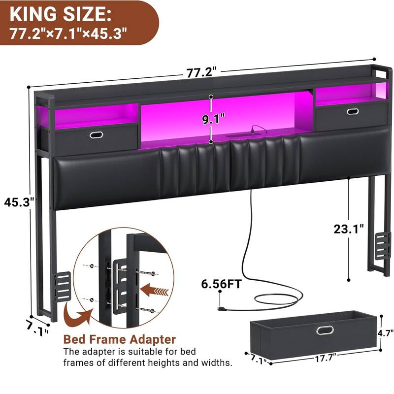 Upholstered Headboard with Drawer Storage and RGB LED Light, Sturdy Headboard with Charging Station ＆ Bookcase