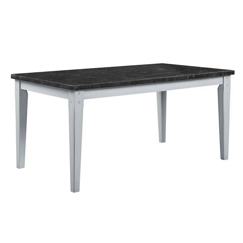 64 Inch Wood Rectangular Dining Table, Marbled Surface, Tapered Legs, White