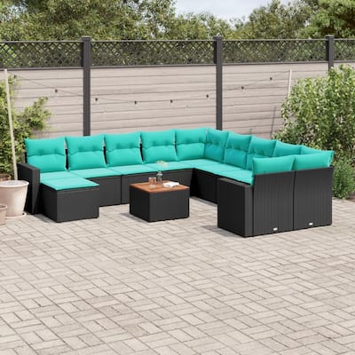 vidaXL 12 Piece Patio Sofa Set with Cushions Black Poly Rattan - 24.4 x 24.4 x 27.2 (W x D x H)