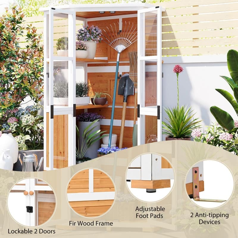 63" Tall Outdoor Storage Cabinet – Multi-Purpose Wooden Garden Shed with Waterproof Roof & Lockable Door.