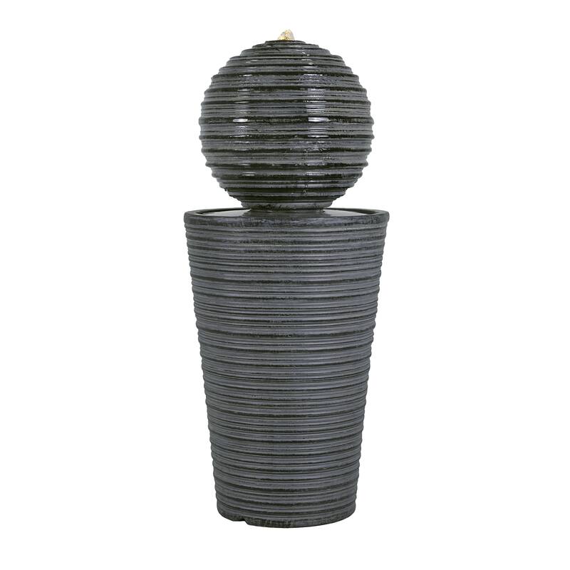 Roomfitters 31.5-Inch Tall Striped Column Outdoor Fountain with LED Lights, Concrete Modern Art Sculpture & Water Feature, Gray