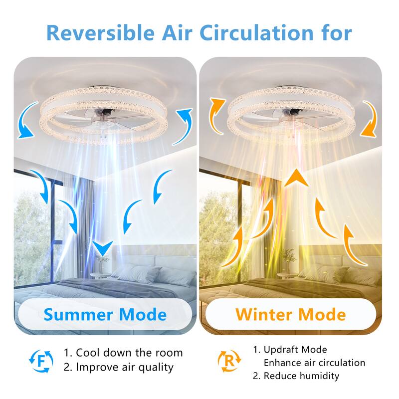 Double Crystal Ring Design LED Ceiling Fan with Light, Modern Flush Mount Ceiling Fan Chandelier, Retractable ABS Fan Blades