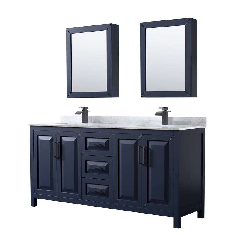 Wyndham Collection Daria 72" Free Standing Double Vanity Set with MDF - Dark Blue / White Carrara Marble Top / Matte Black - Painted