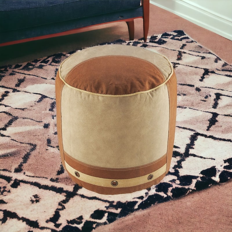 16-inch Tan Cotton Striped Pouf Ottoman for Living Room or Bedroom Decor