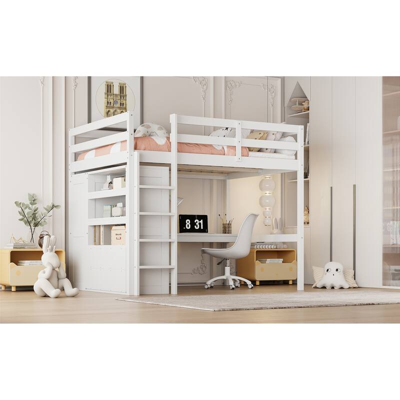 Full Size Loft Bed with Built-in Wardrobe, Desk, Storage Shelves, and Drawers, White