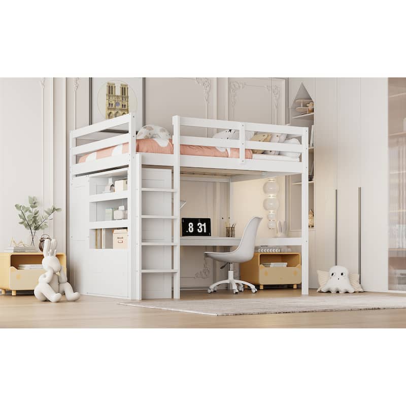 Wood Full Size Loft Bed With Built-In Wardrobe,Desk,Storage Shelves And Drawers