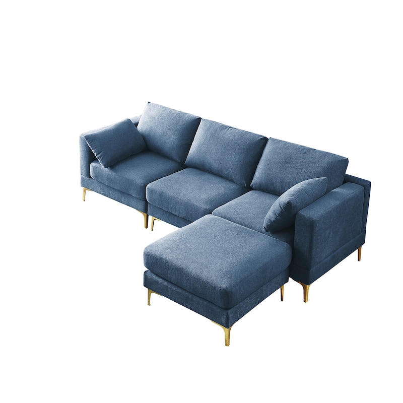 92'' Fabric L-Shape 3-Seater Sofa with Ottoman, Gold Metal Legs, and Toss Pillows