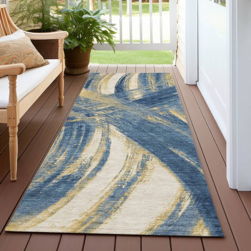 Machine Washable Indoor/ Outdoor Abstract Brushstroke Chantille Rug - Navy - 2'3" x 7'6"