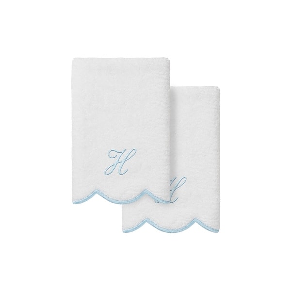 Authentic Hotel and Spa 100% Turkish Cotton Blue ADORNIA Scallop Personalized 2 Piece Fingertip Towel Set - 2 Fingertip Towels - H