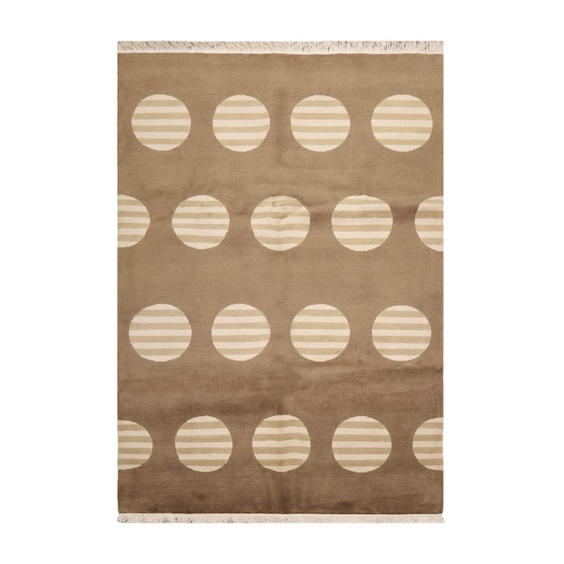 Hand Knotted Tibetan Olive Geometric Wool & Silk Art Deco Area Rug - 5' 11'' x 8' 10''