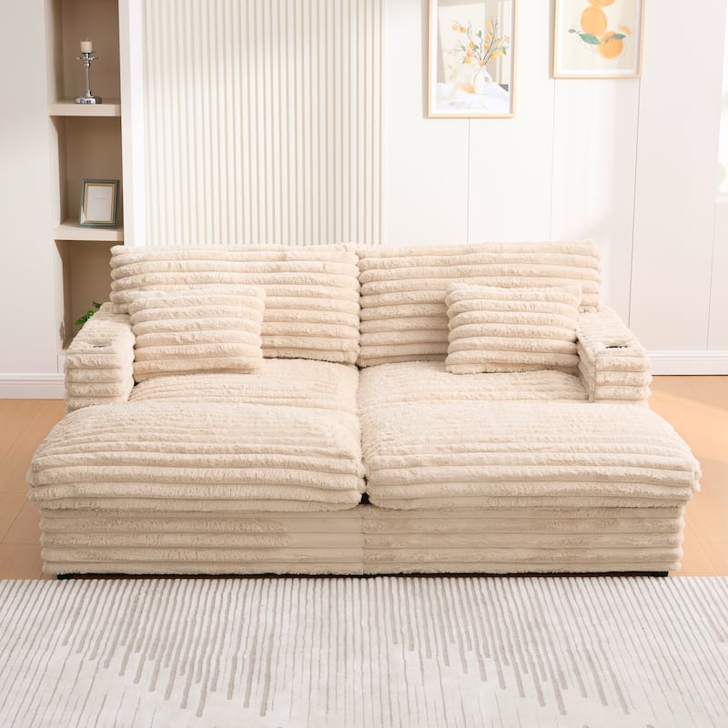 83.5" Oversized Double Chaise Sofa Bed - Plush Cloud Couch w/ USB Ports, Cup Holders & 2 Pillows, Upholstered Sleeper - Champagne