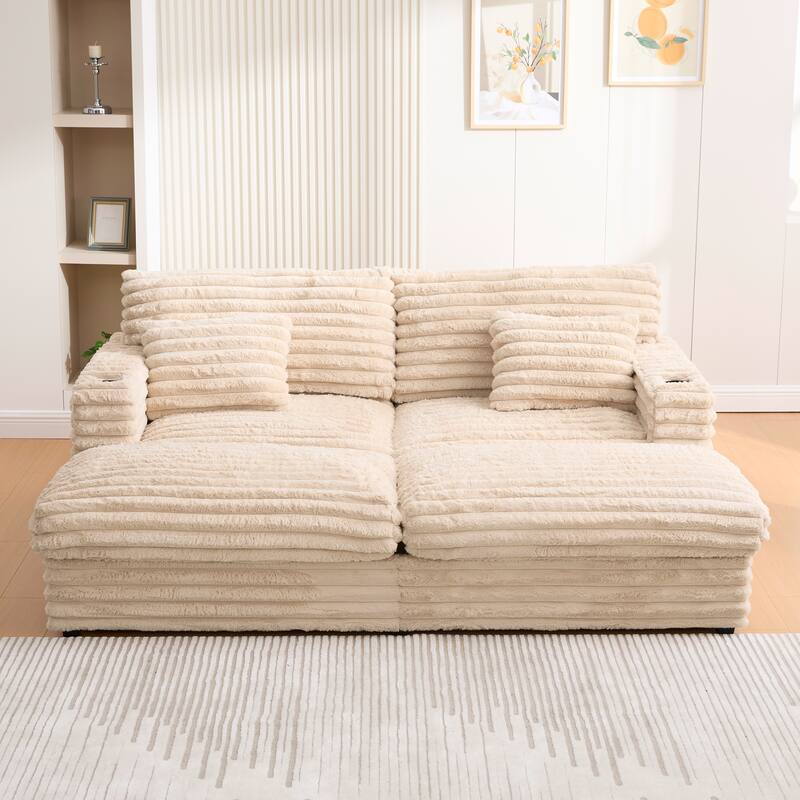 Oversized Double Chaise Lounge Sofa, Living Room 2 Seater Sofa Upholstered Sleeper Sofa Bed Daybed with USB Ports & Cup Holders