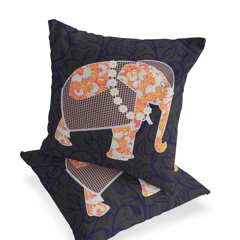 HomeRoots Set of Two 16" X 16" Blue and Green Elephant Blown Seam Floral Indoor Outdoor Throw Pillow - 16.00' X '16.00' X '5.00