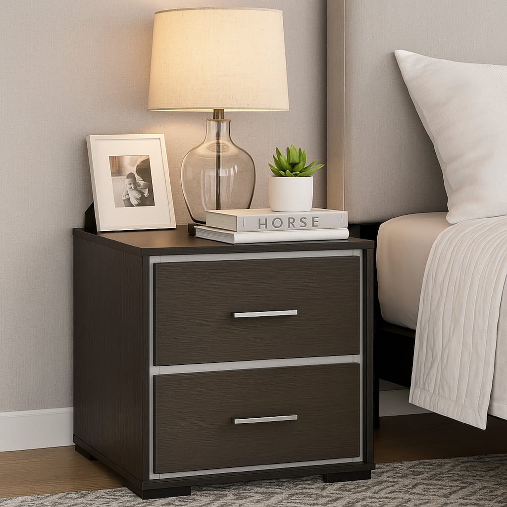 Hez Nightstand, 2 Drawers, Silver Trim, Modern Dark Brown Finish