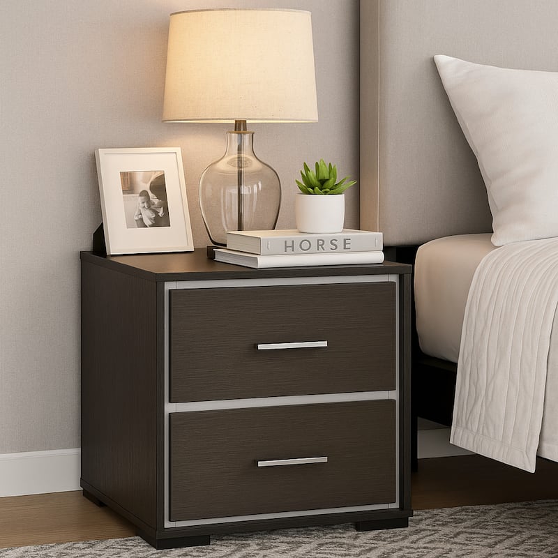 Hez Nightstand, 2 Drawers, Silver Trim, Modern Dark Brown Finish