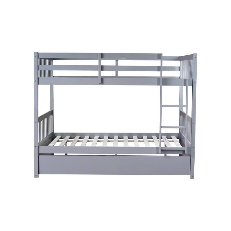 Roomfitters Full Over Full Rubber Wood Bunk Bed with Trundle, Convertible to Two Full Beds with Ladder and Guardrails