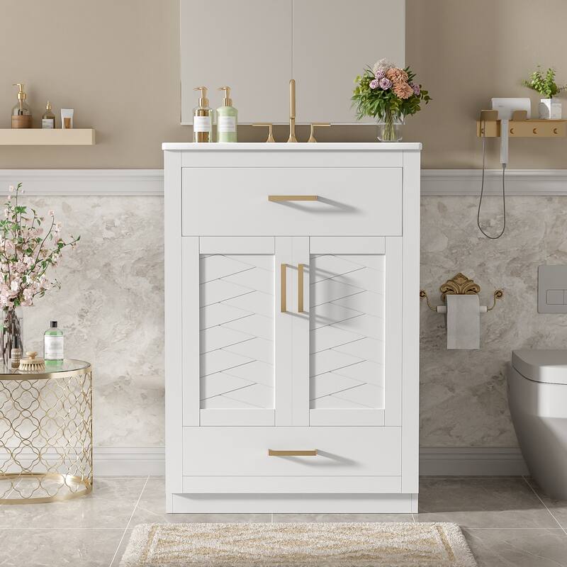 24" Bathroom Vanity with Integrated Ceramic Sink, Bathroom Cabinet with 2 Doors, 1 Tip-out Drawer, Single Sink
