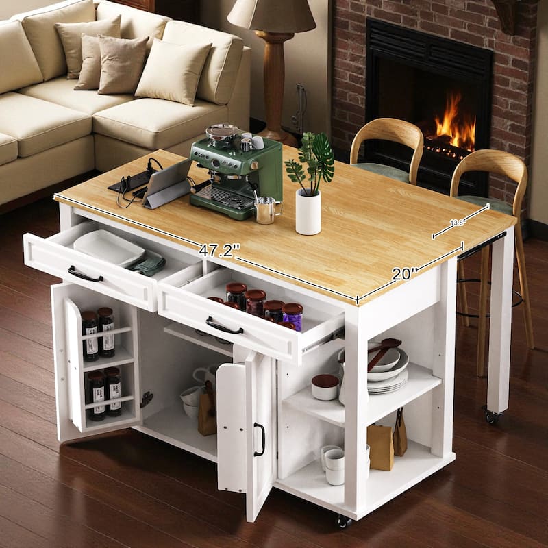 47" Kitchen Island with Extendable Table, Power Outlet, Rubber Wood Top, Storage Cabinet & Drawers