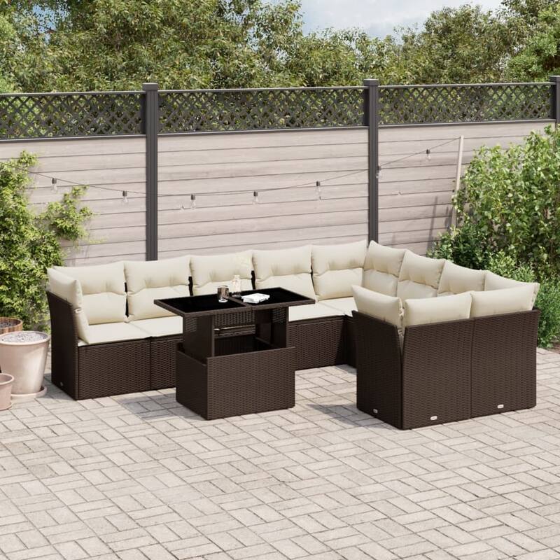 10-Piece Patio Sofa Set with Cushions - 21.7 x 39.4 x 28.7 in - Brown and cream