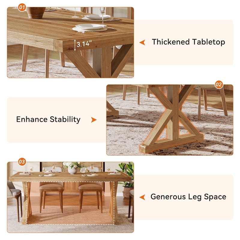 Solid Wood Dining Table, 63" Long Farmhouse Kitchen Table for 4-6 People - 31.49" D x 62.99" W x 30.51" H