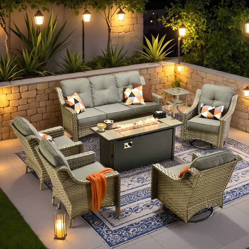 OVIOS 7-piece Patio Wicker Swivel Rocking Chair Set With Fire Pit - Deep Grey