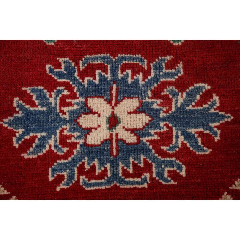 Red Geometric Kazak Oriental Area Rug Hand-Knotted Wool Carpet - 6'8" x 9'7"