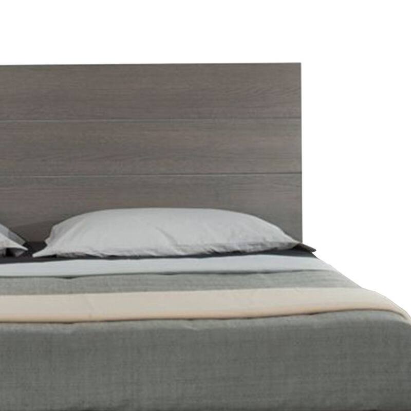 Leen King Size Platform Bed, Black Metal Legs, Gray Panel Headboard