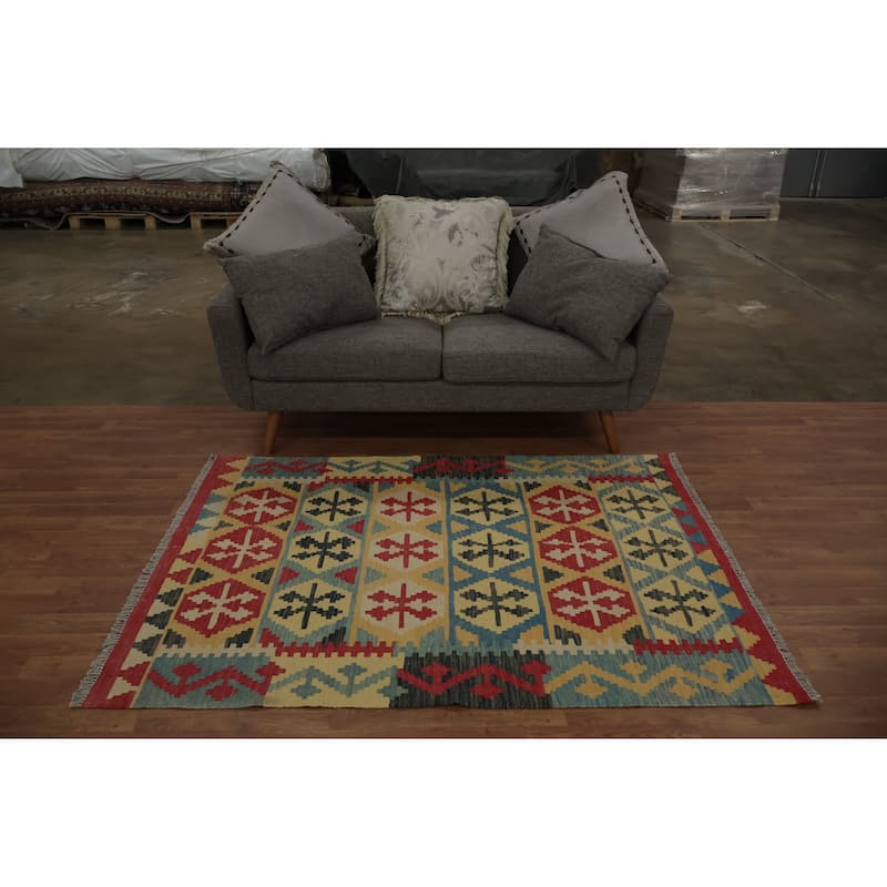Hand Woven Oriental 100% Wool Carpet Southwestern Tribal Yellow & Gold Kilim Area Rug - 5' 9'' X 4' 2''