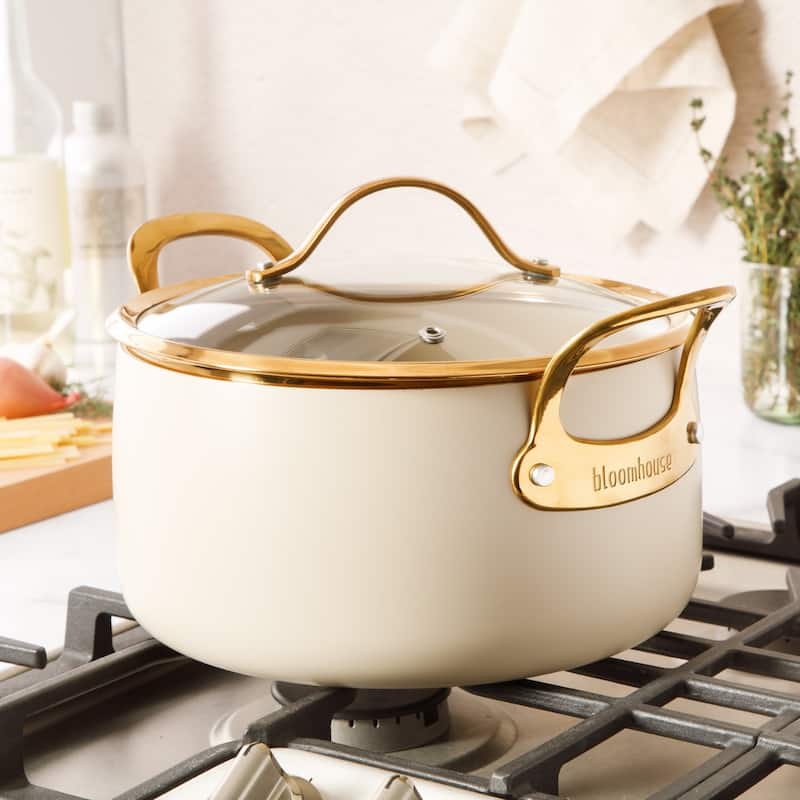 Bloomhouse 6 Quart Heavy Duty Aluminum Premium PFA Free Ceramic Nonstick Dutch Oven Pot with Lid - Almond Cream with Gold Handle