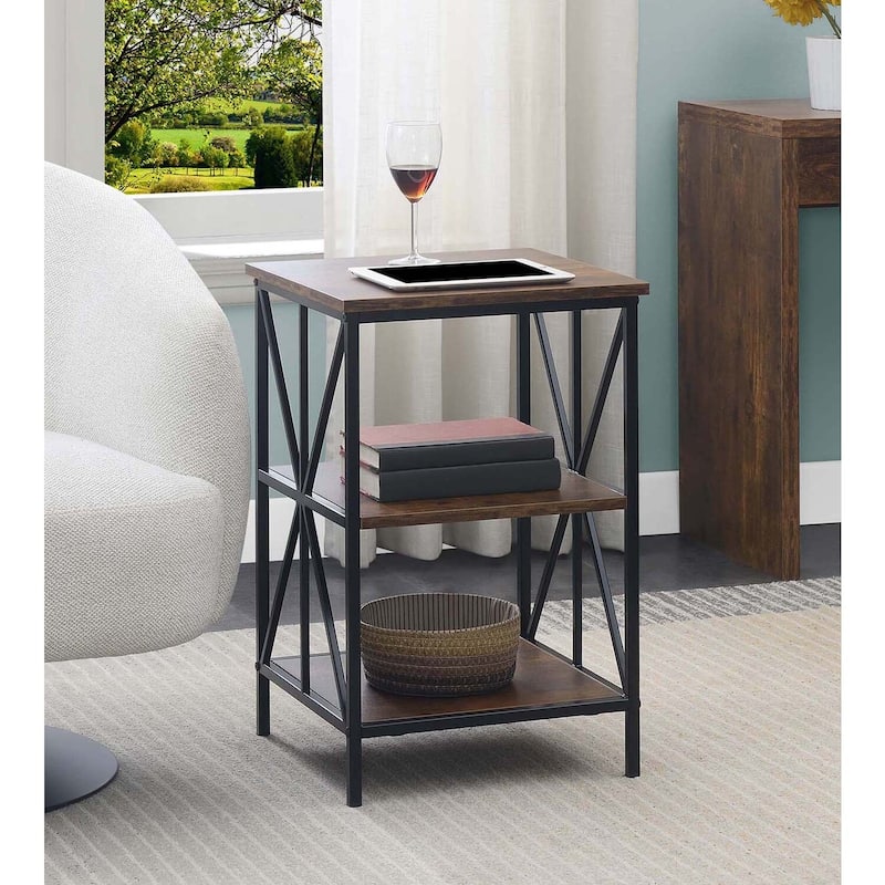 End Table with Three Shelves, Crisscross Metal Frame and Woodgrain Finish, Modern Accent Storage Table for Living Room - 15.75