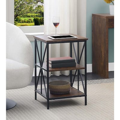 End Table with Three Shelves, Crisscross Metal Frame and Woodgrain Finish, Modern Accent Storage Table for Living Room - 15.75