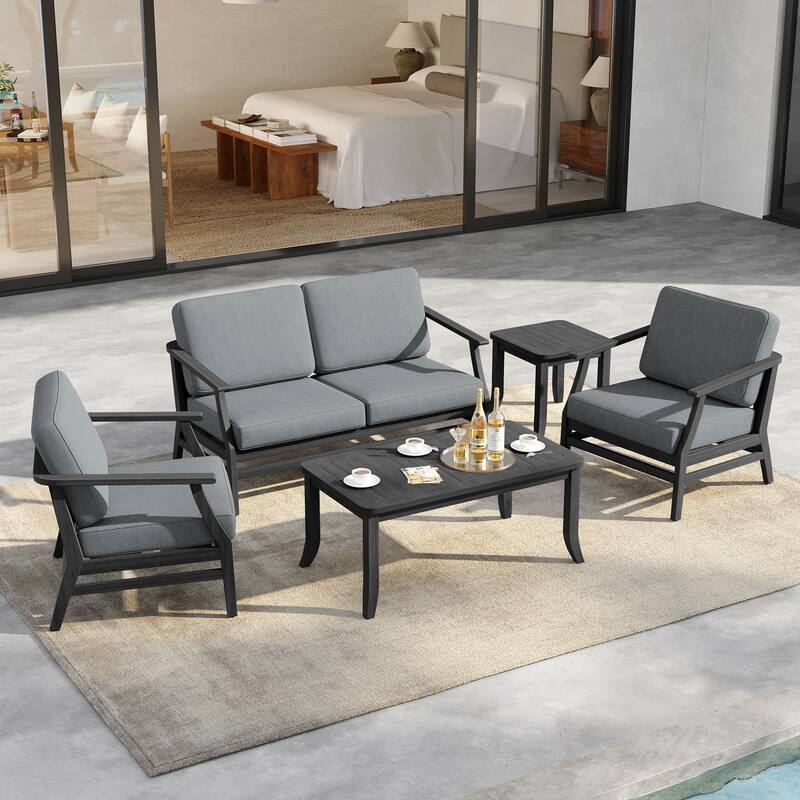 5-Piece Outdoor Teak Wood Patio Conversation Set with Cushions