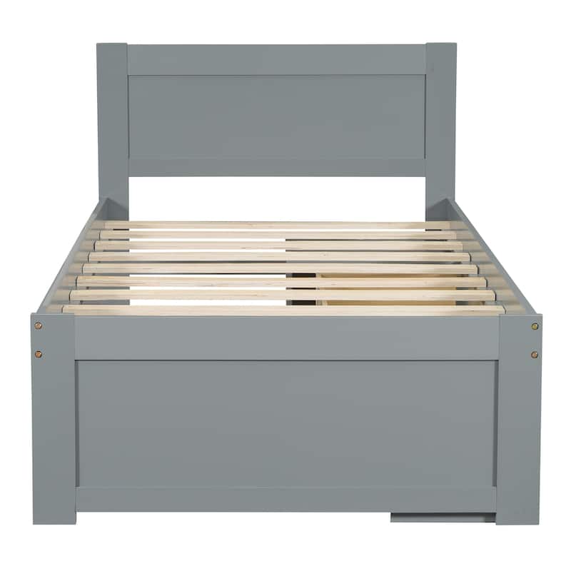 Twin Size Platform Bed With Drawer And Two Shelves, Gray