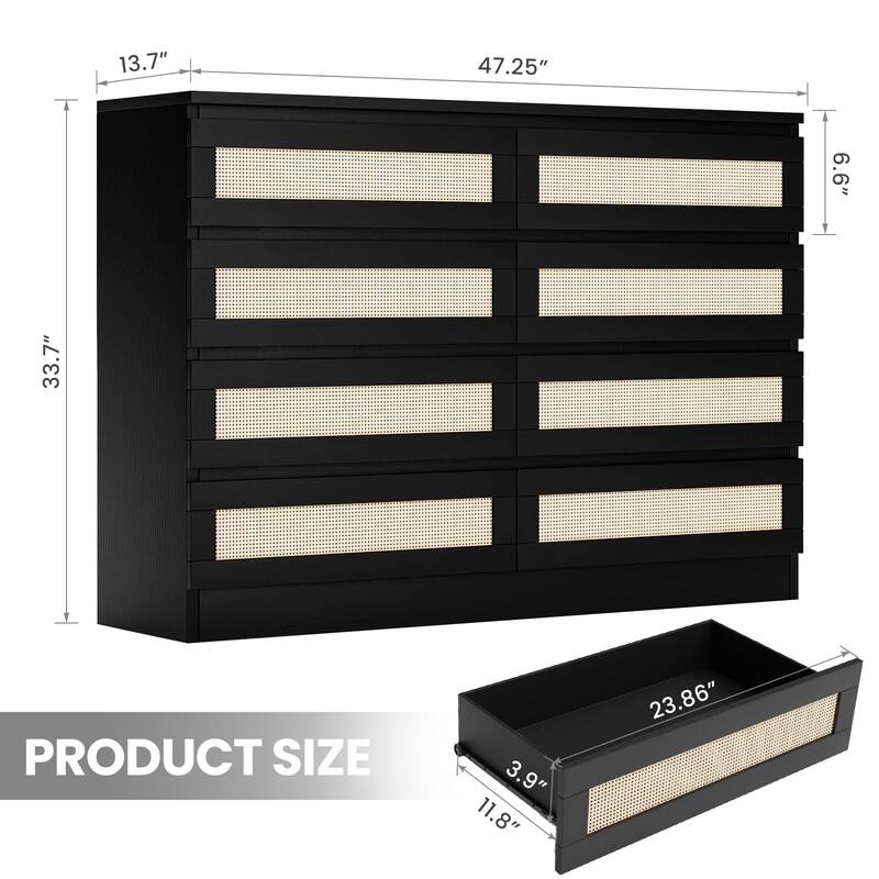 6/8 Drawer Rattan Dresser for Bedroom, Double Wood Chest of Drawers for Closet, Nightstand, TV Stand