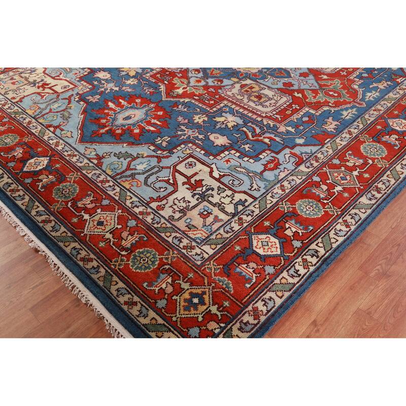 Geometric Blue Heriz Serapi Oriental Area Rug Hand-Knotted Wool Carpet - 9'0" x 12'0"