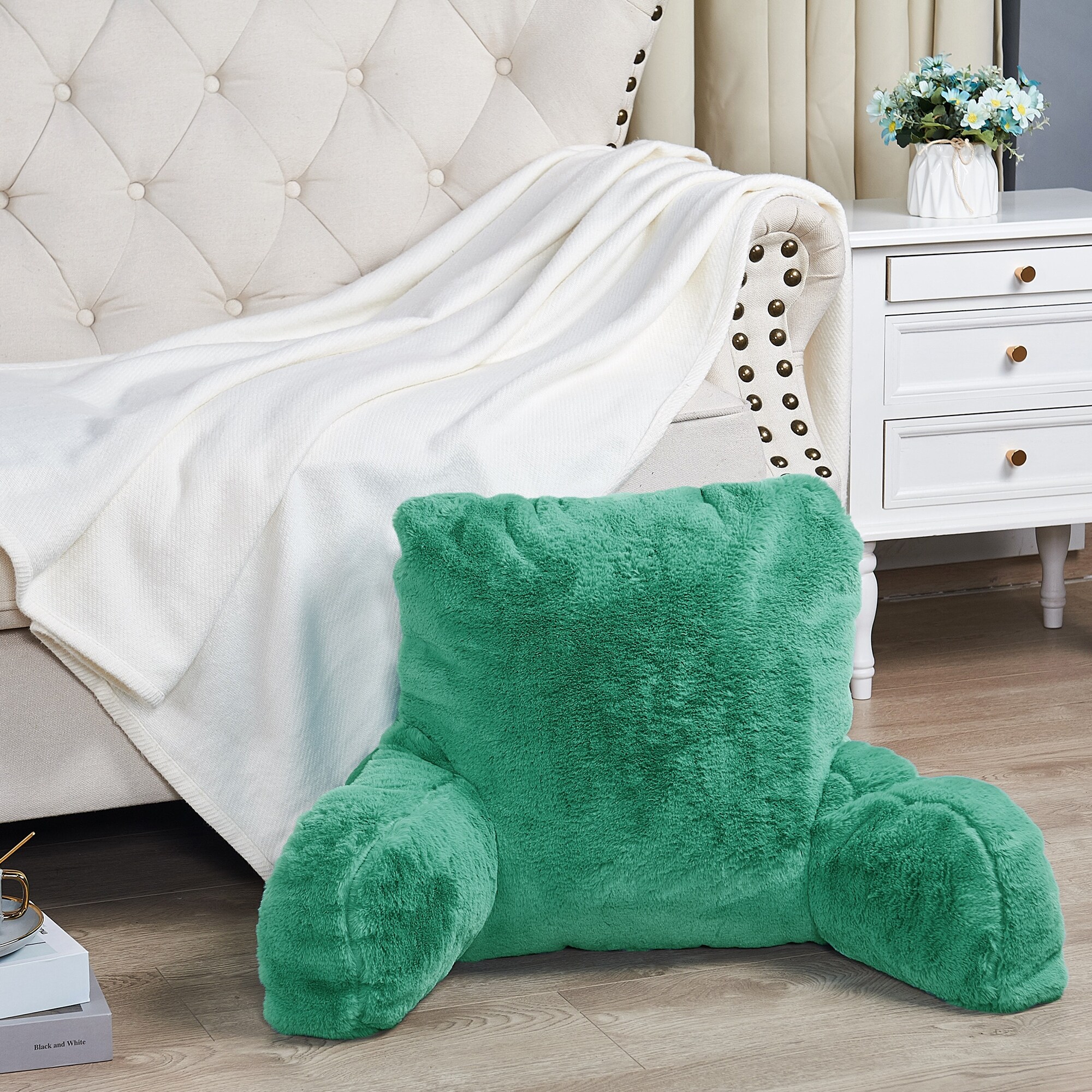 Home Soft Things FoxFauxFur Bedrest NEED ASSEMBLY 20 x 18 x17 Teal Green