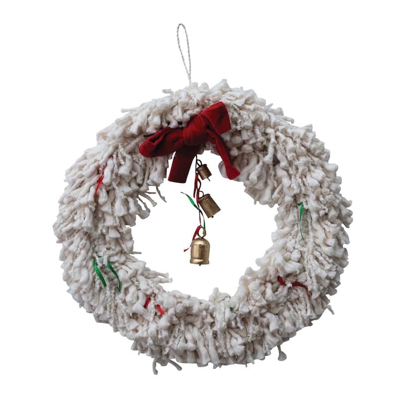 Handmade Cotton Blend Yarn Wreath with Bow, Ribbons and Metal Bells - 18.0"L x 1.5"W x 18.0"H - Ivory;Red;Green