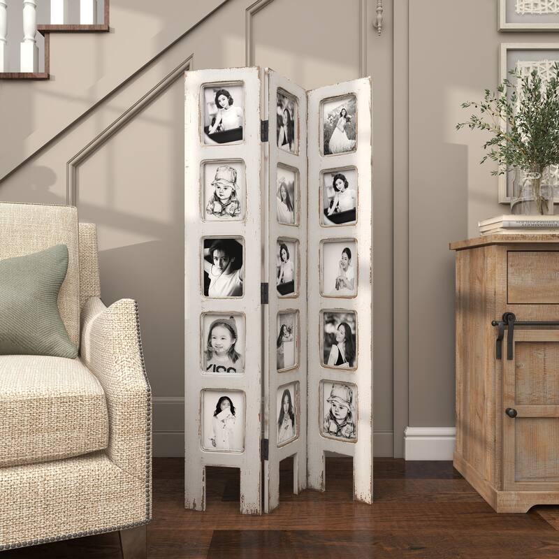 White Wooden Hinged Foldable Partition 3 Panel Partition Room Divider Screen with 15 Photo Slots