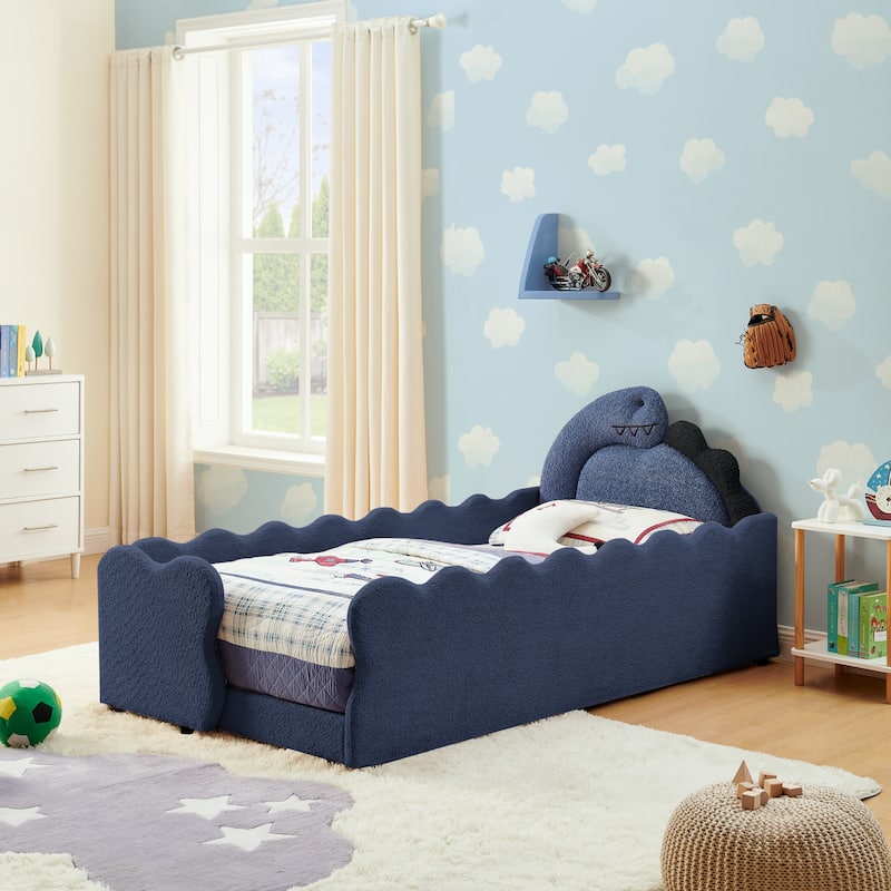 Twin Dinosaur-Shaped Kids Bed with Safety Guardrail - Solid Wood Toddler Bed Frame in Boucle Fabric