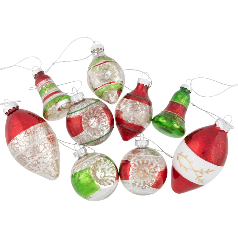 Retro Reflector 2-Finish Christmas Glass Ornaments - 3.25" - Green and Red - 9ct