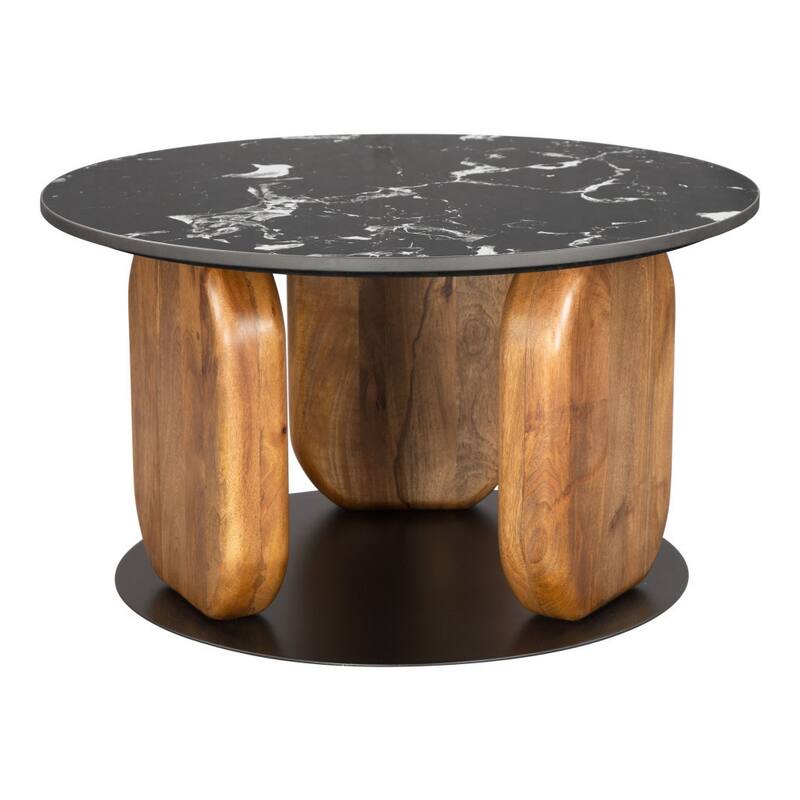 HomeRoots 30" Black and Brown Genuine Marble Marble and Solid Wood Round Coffee Table - 30.00 in. x 16.90 in. x 30.00 in.