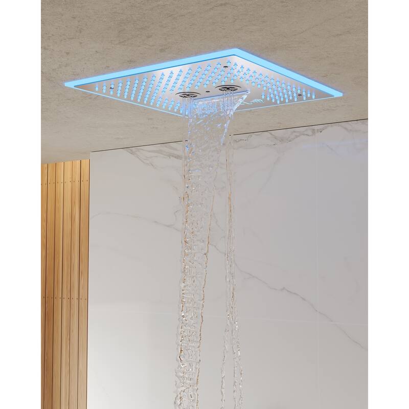 Shower Faucet Set Dual Heads with 3 Spray Modes 16" Ceiling and 6" Wall Mount Body Jets Handheld Spray LED Music