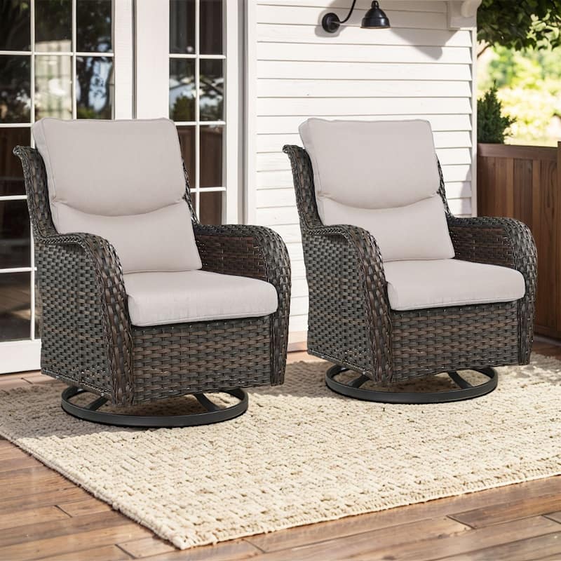 Pocassy Outdoor Swivel Chairs Patio Furniture Set - Brown Rattan - Beige Cushion - 2PCS Swivel Chairs