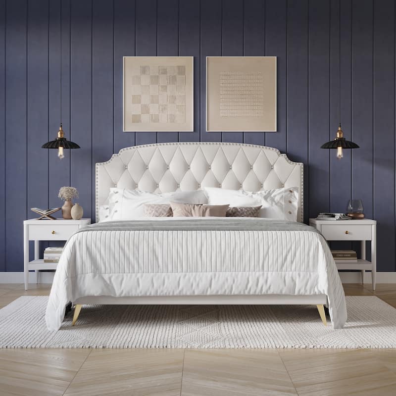 CraftPorch Velvet Button Tufted Upholstered Gold Accent Platform Bed
