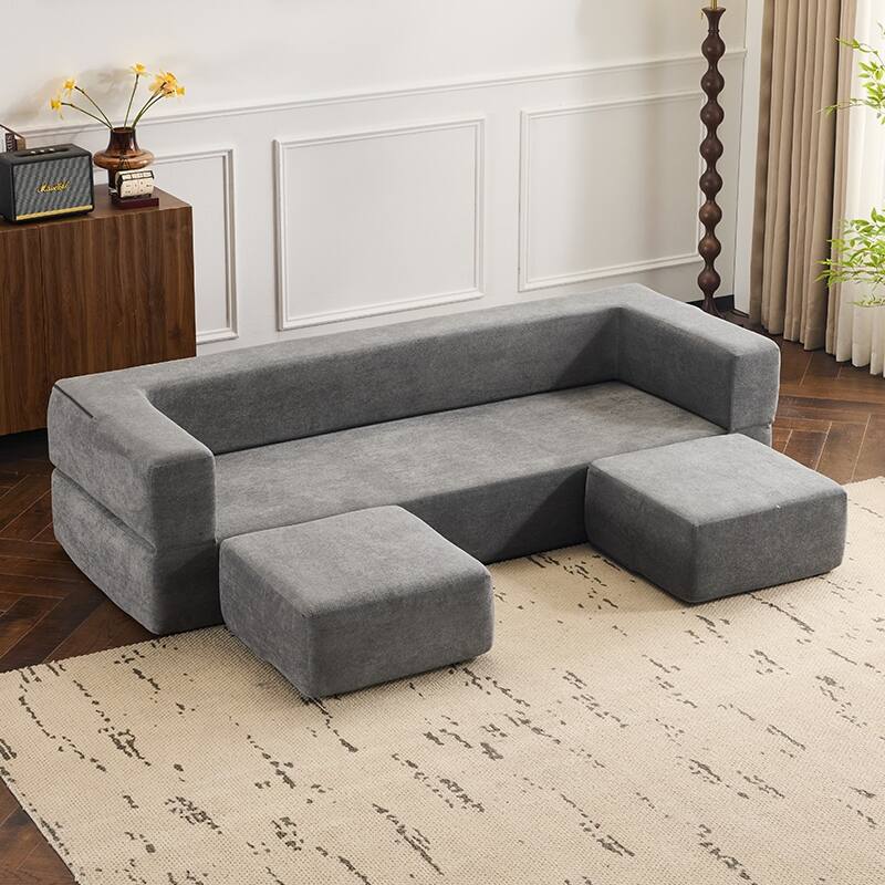 Convertible Sectional Sofa With 3 Storage Ottomans - High-Resilience Foam Sleeper, Space-Saving Chenille Floor Sofa