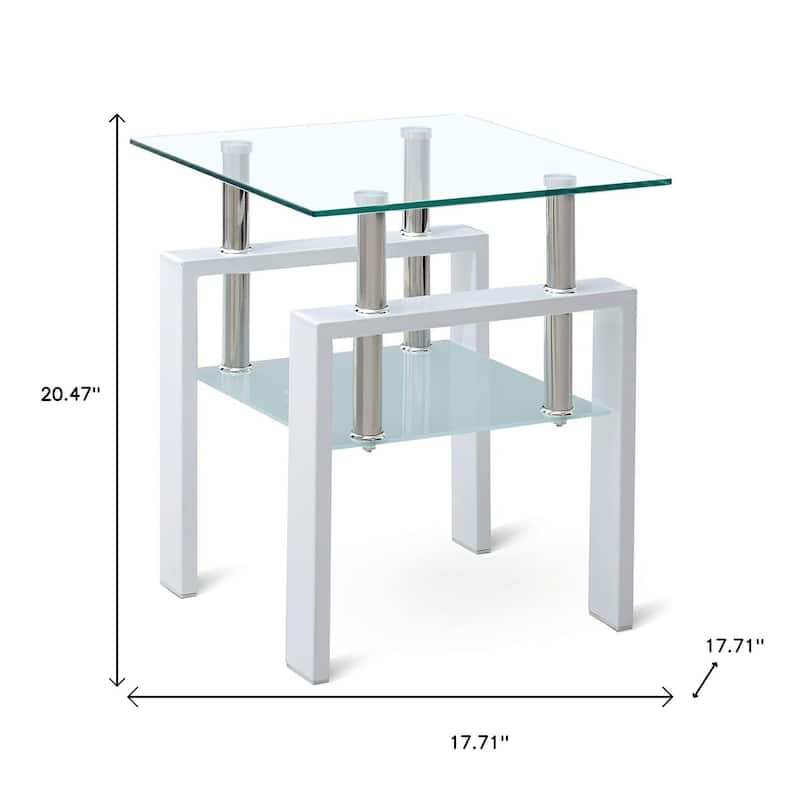 HomeRoots 20" Clear and White Glass and Metal Square End Table With Shelf - 17.71 in. x 20.47 in. x 17.71 in.
