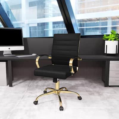 Benmar Mid-Back Leather Office Desk Chair in Gold Stainless Steel Frame Adjustable Height Tilt Lock 360 Swivel Ergonomic Chair