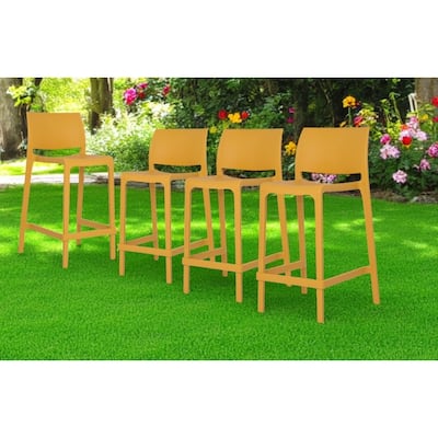HomeRoots Set of Four 26" Yellow Heavy Duty Plastic Low Back Outdoor Counter Height Bar Chairs