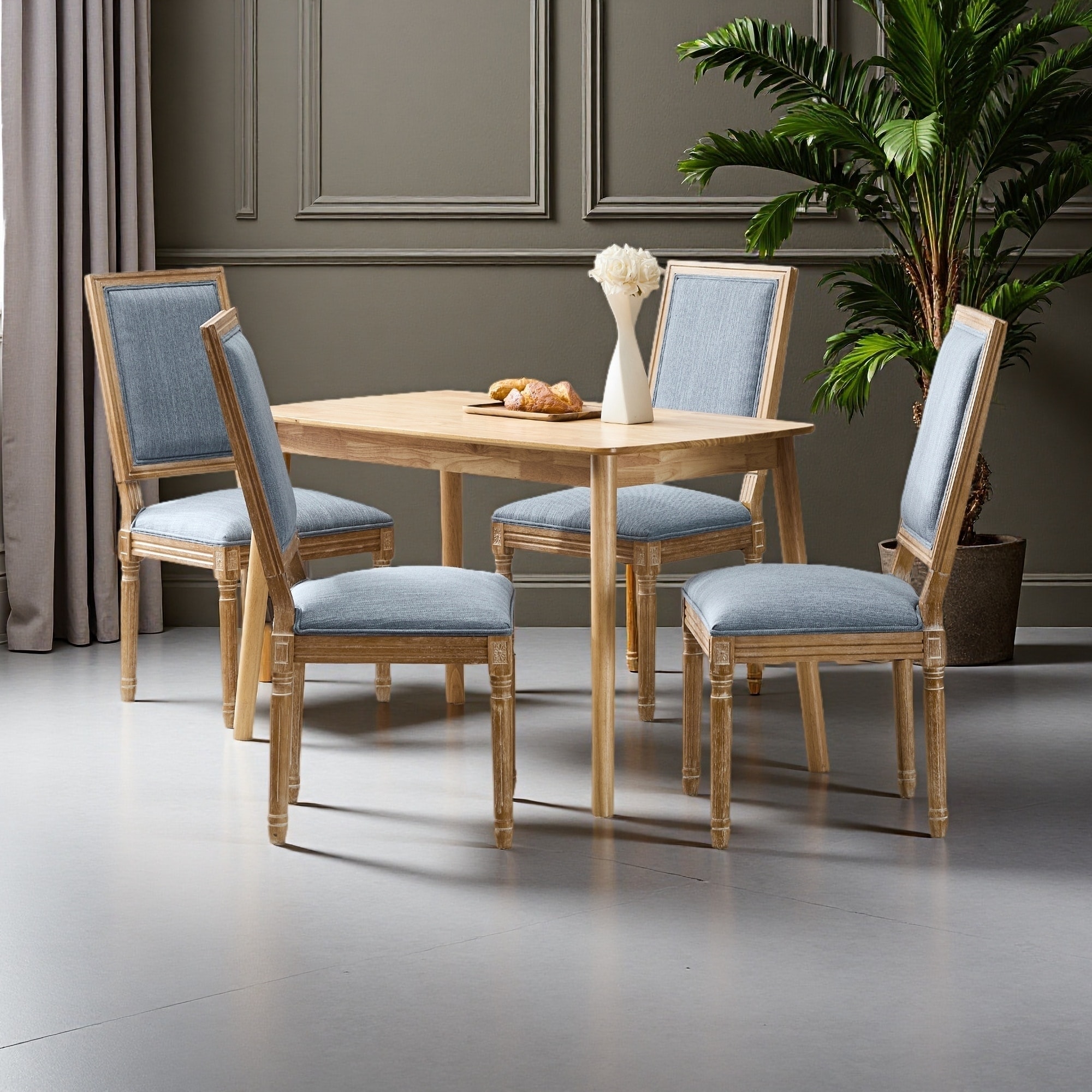 39.5"H Set of 4 Solid Rubberwood Dining Chairs - Cane Backrest, Upholstered Seats & Fluted Legs with Rustic Weathered Finish